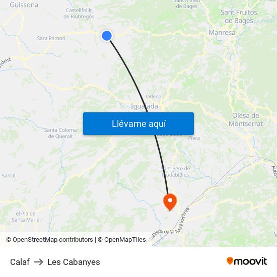 Calaf to Les Cabanyes map