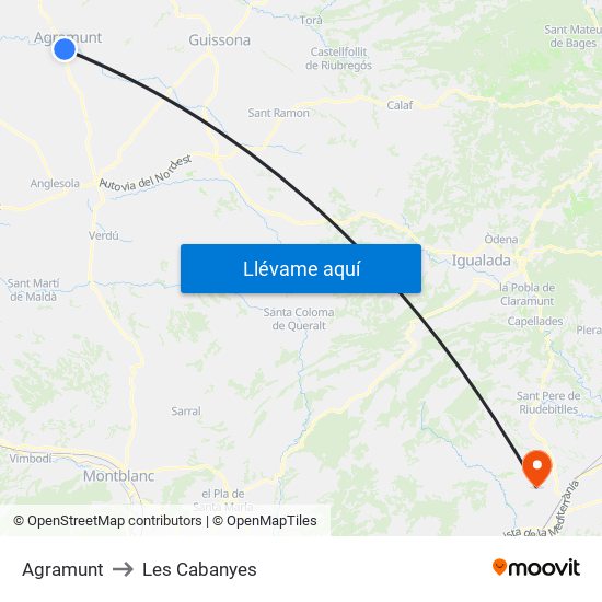 Agramunt to Les Cabanyes map