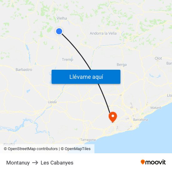 Montanuy to Les Cabanyes map