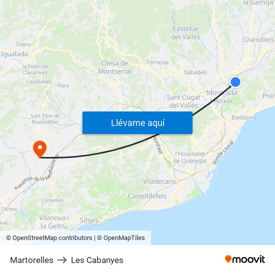 Martorelles to Les Cabanyes map