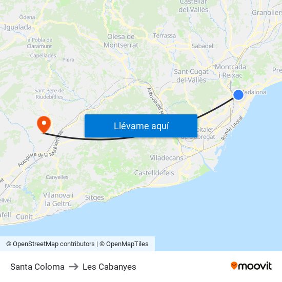 Santa Coloma to Les Cabanyes map