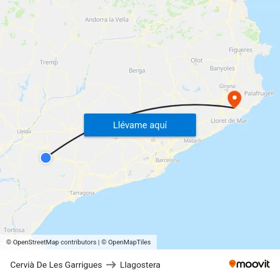 Cervià De Les Garrigues to Llagostera map