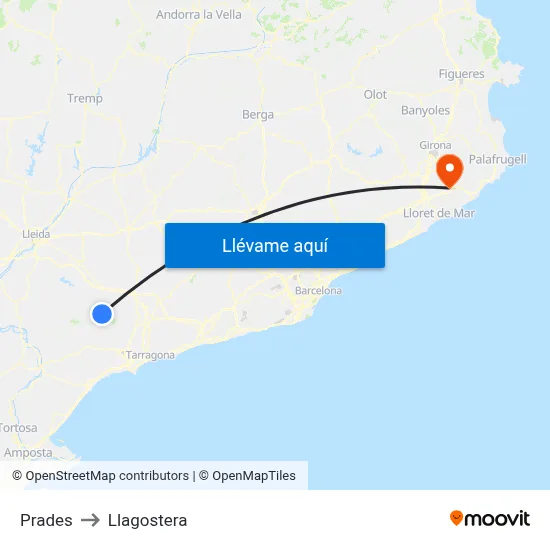 Prades to Llagostera map