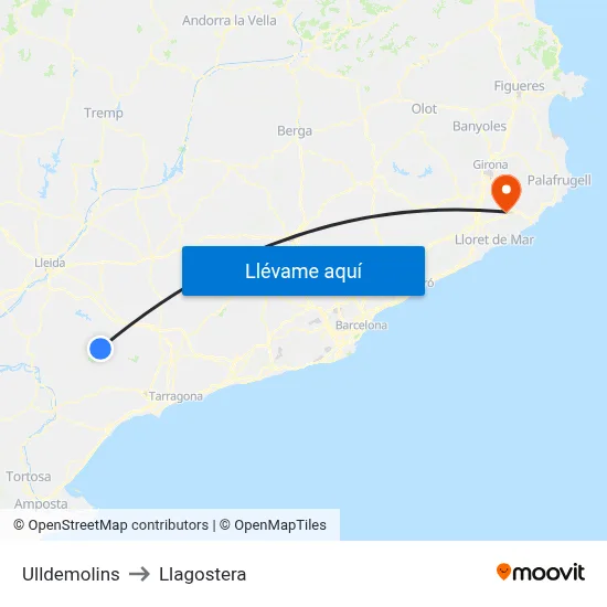 Ulldemolins to Llagostera map