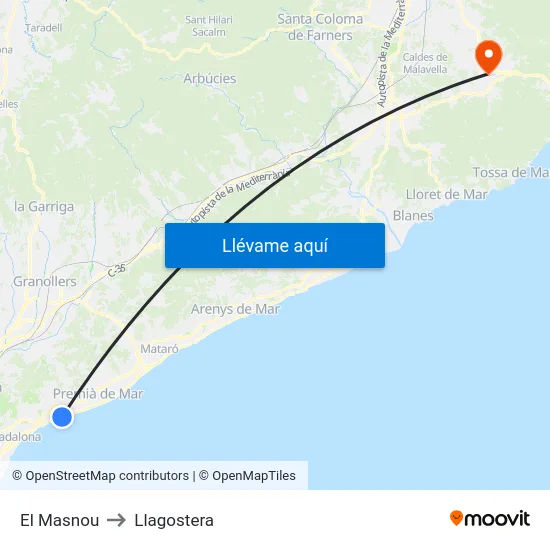 El Masnou to Llagostera map