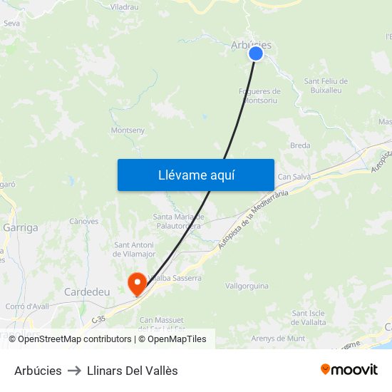 Arbúcies to Llinars Del Vallès map
