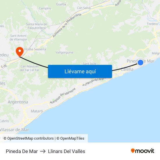 Pineda De Mar to Llinars Del Vallès map