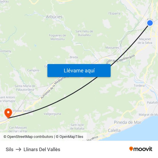 Sils to Llinars Del Vallès map