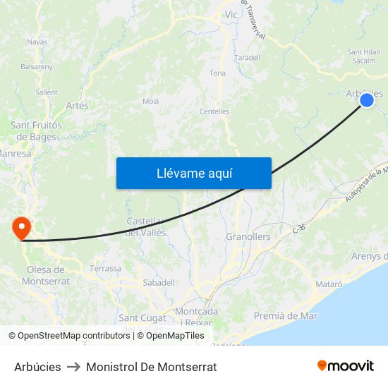 Arbúcies to Monistrol De Montserrat map
