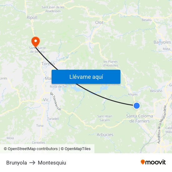Brunyola to Montesquiu map
