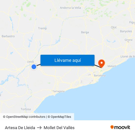 Artesa De Lleida to Mollet Del Vallès map