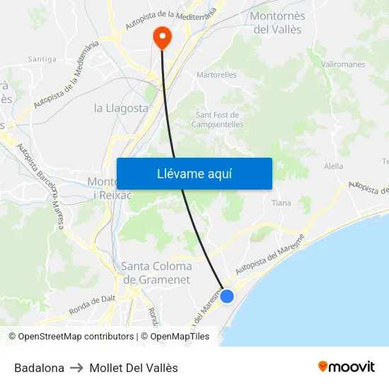 Badalona to Mollet Del Vallès map