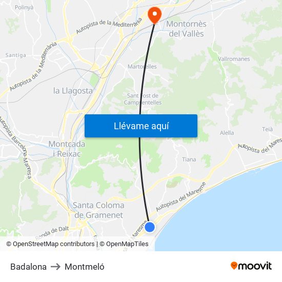Badalona to Montmeló map