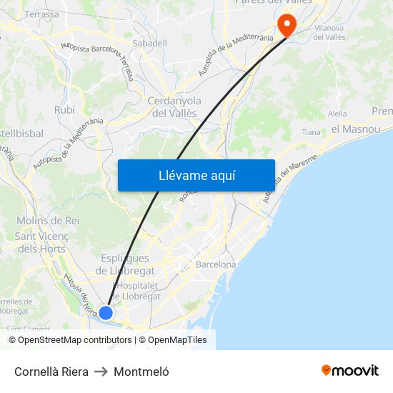 Cornellà Riera to Montmeló map