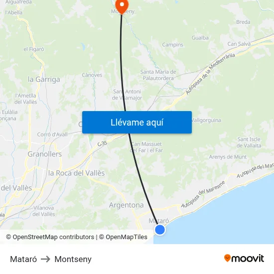 Mataró to Montseny map