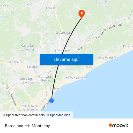 Barcelona to Montseny map