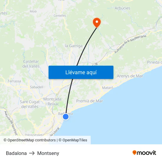 Badalona to Montseny map