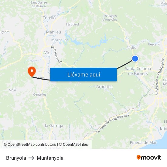 Brunyola to Muntanyola map