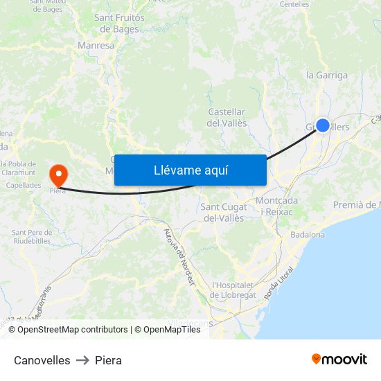 Canovelles to Piera map