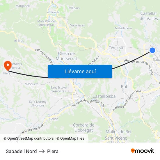 Sabadell Nord to Piera map