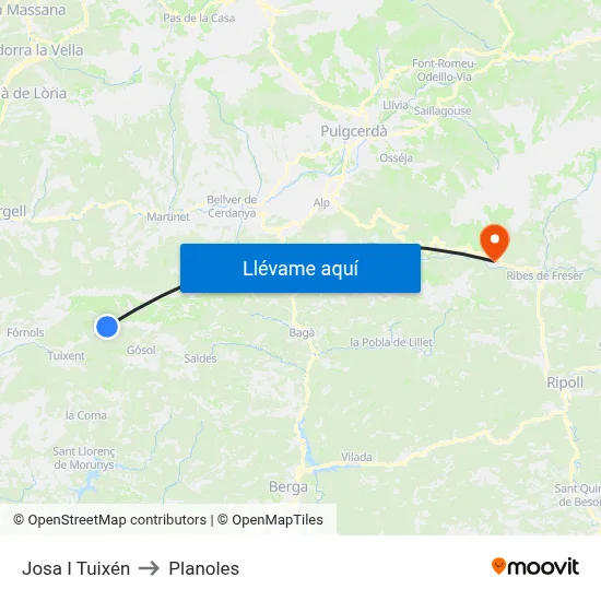 Josa I Tuixén to Planoles map