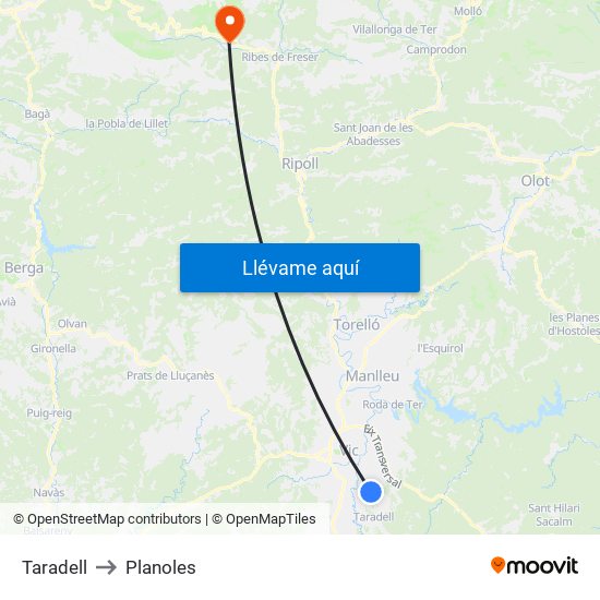 Taradell to Planoles map