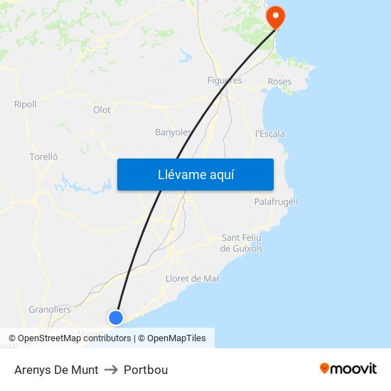 Arenys De Munt to Portbou map
