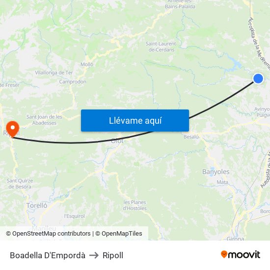 Boadella D'Empordà to Ripoll map