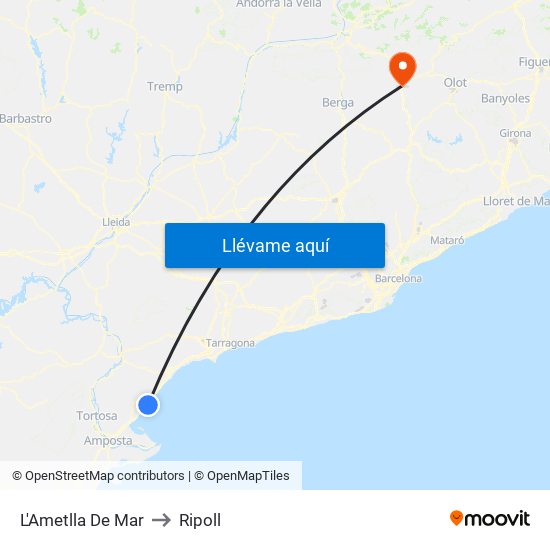 L'Ametlla De Mar to Ripoll map