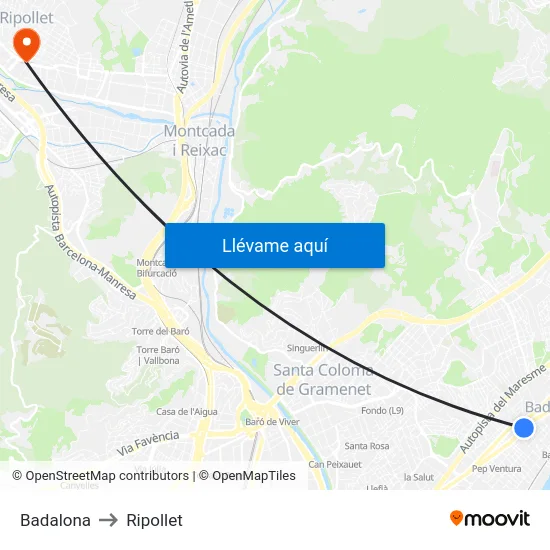 Badalona to Ripollet map