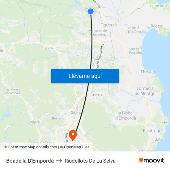 Boadella D'Empordà to Riudellots De La Selva map