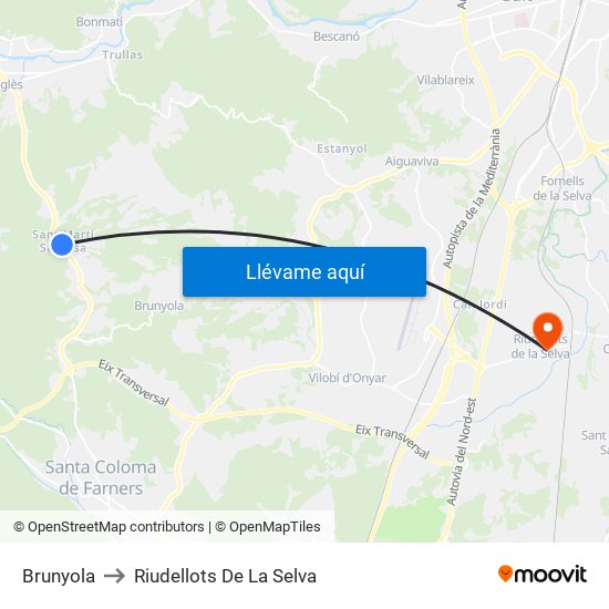 Brunyola to Riudellots De La Selva map