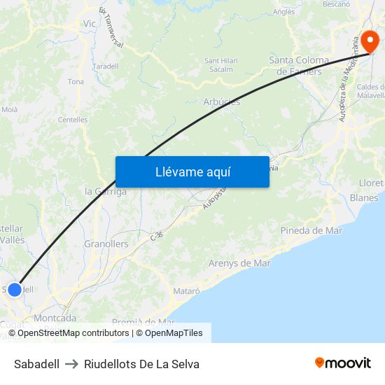 Sabadell to Riudellots De La Selva map
