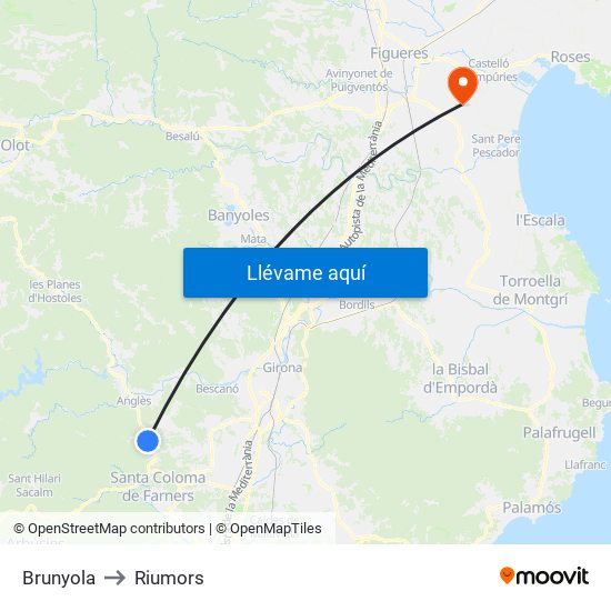Brunyola to Riumors map