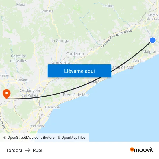 Tordera to Rubí map