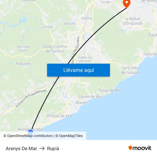 Arenys De Mar to Rupià map