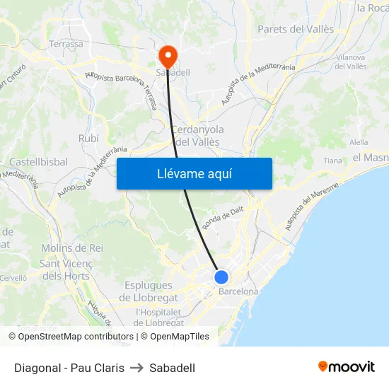 Diagonal - Pau Claris to Sabadell map
