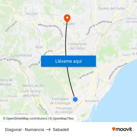 Diagonal - Numància to Sabadell map