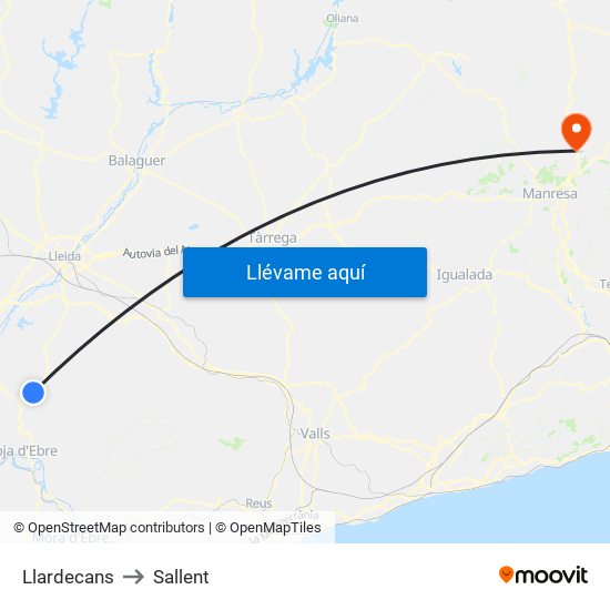 Llardecans to Sallent map