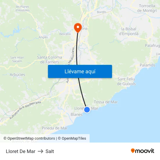 Lloret De Mar to Salt map