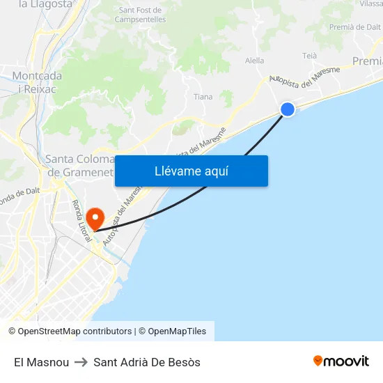 El Masnou to Sant Adrià De Besòs map