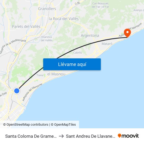 Santa Coloma De Gramenet to Sant Andreu De Llavaneres map