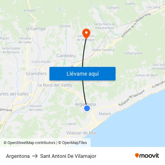 Argentona to Sant Antoni De Vilamajor map