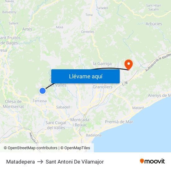 Matadepera to Sant Antoni De Vilamajor map