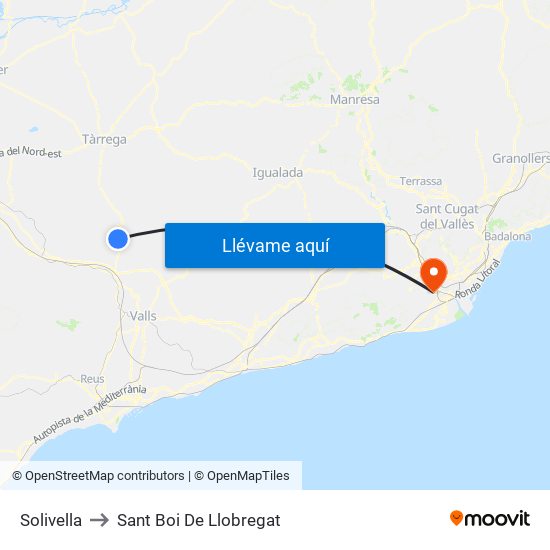 Solivella to Sant Boi De Llobregat map