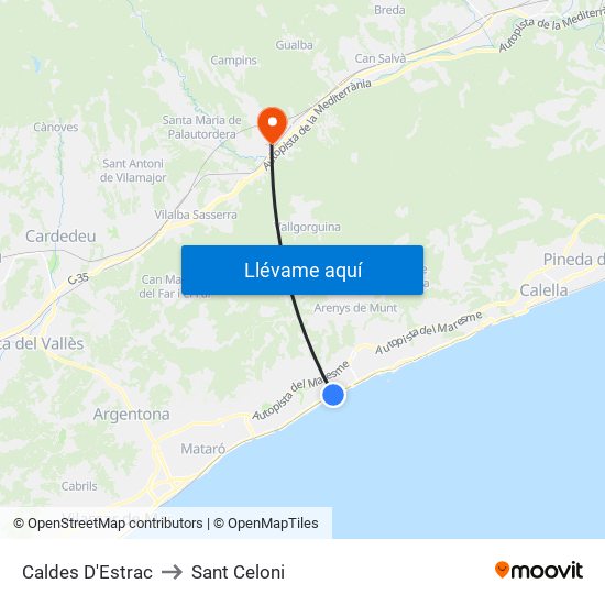 Caldes D'Estrac to Sant Celoni map