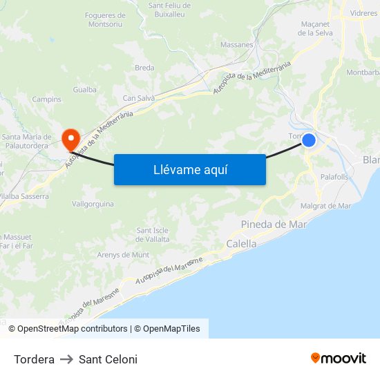 Tordera to Sant Celoni map