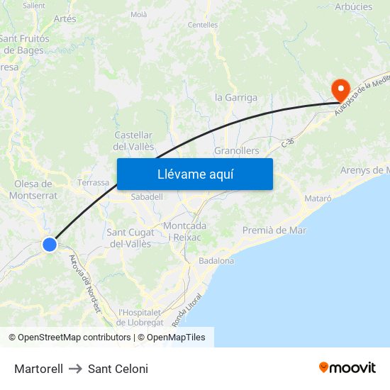 Martorell to Sant Celoni map