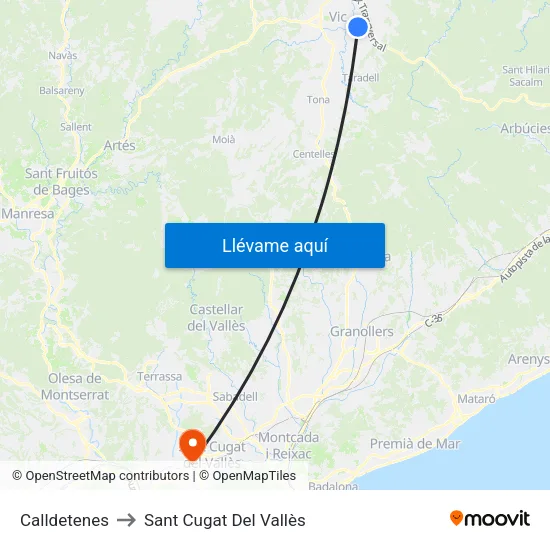 Calldetenes to Sant Cugat Del Vallès map