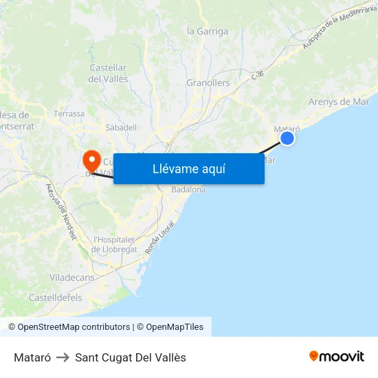 Mataró to Sant Cugat Del Vallès map